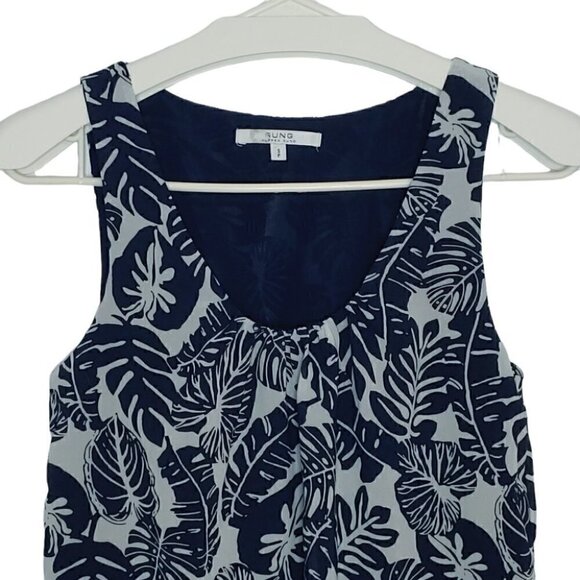 ALFRED SUNG Leaf print round pleated neckline fresh and flowy camisole - Picture 3 of 13